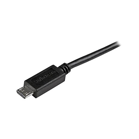 Ein schwarzes Micro-USB-Kabel, das auf weißem Hintergrund abgebildet ist.