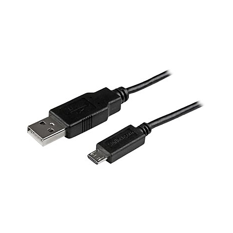 Schwarzes USB-Kabel mit USB-A- und Micro-USB-Anschlüssen. Der Hintergrund ist weiß.