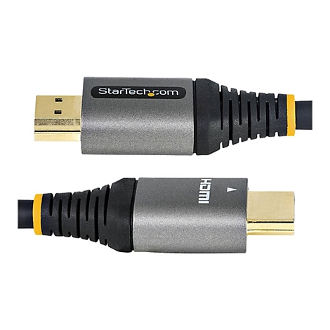 Zwei HDMI-Kabel mit grauen Steckern, schwarzem Kabel und gelben Akzenten. Ein Stecker zeigt 'StarTech.com', der andere 'HDMI'.