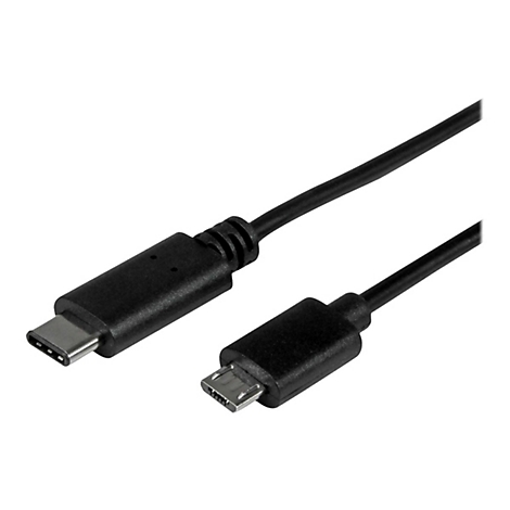 Schwarzes USB-C-auf-Micro-USB-Kabel. Auf weißem Hintergrund. Beide Stecker sind deutlich zu sehen.