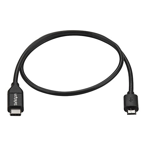 Ein schwarzes USB-Kabel mit USB-C- und Micro-USB-Anschlüssen. Der Schriftzug Startech.com ist auf dem USB-C-Anschluss zu sehen.