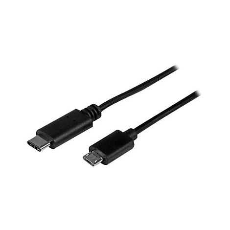 Schwarzes USB-C-auf-Micro-USB-Kabel, diagonaler Blick. Ein USB-C-Stecker und ein Micro-USB-Stecker sind sichtbar.