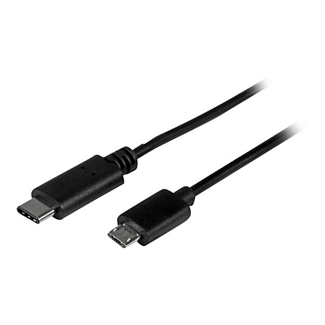 Schwarzes USB-C-Kabel mit USB-C- und Micro-USB-Anschluss vor weißem Hintergrund.