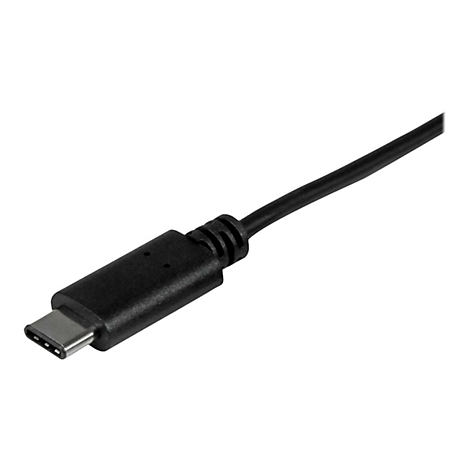 Ein schwarzes USB-C-Kabel. Der Stecker ist silberfarben, der Rest des Kabels ist schwarz.