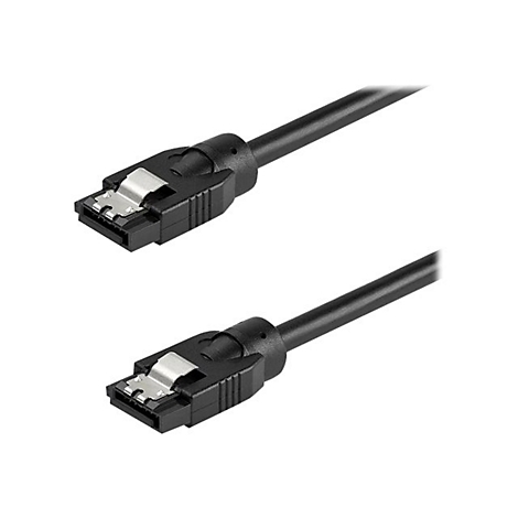 Zwei schwarze SATA-Datenkabel mit Metallverriegelung vor weißem Hintergrund.