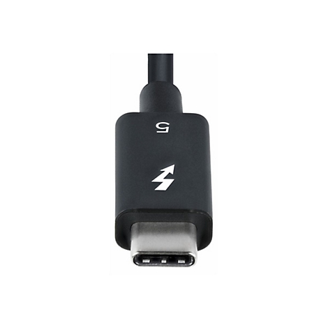 Gros plan d'un câble Thunderbolt 5 noir avec logo et connecteur USB-C.