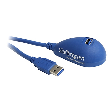 Blaues USB-Verlängerungskabel mit einem ovalen Gehäuse mit der Aufschrift StarTech.com und einem USB-Anschluss.