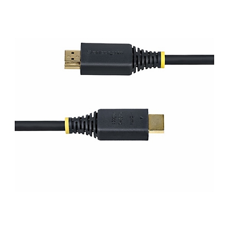 Deux câbles HDMI noirs avec des connecteurs dorés et des marques jaunes sur fond blanc.