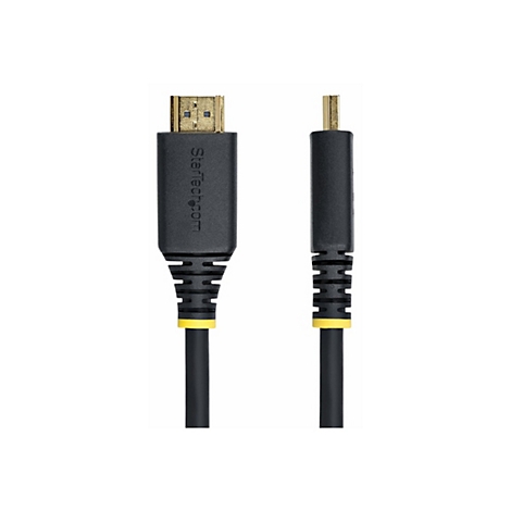 Un câble HDMI noir avec un connecteur doré, le câble a des accents jaunes. "StarTech.com" est écrit sur une prise.