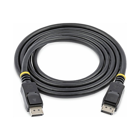 Schwarzes DisplayPort-Kabel mit gelben Akzenten und schwarzen Anschlüssen, auf weißem Hintergrund gewickelt.