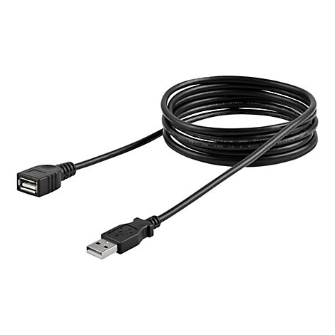 Ein schwarzes USB-Verlängerungskabel, das auf weißem Hintergrund dargestellt wird. Stecker und Buchse sind zu sehen.