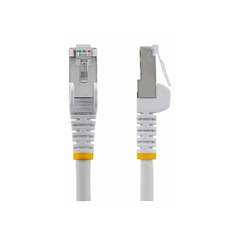 Zwei graue Netzwerkkabel mit Steckern, Kabelenden mit gelben Markierungen. Startech.com ist auf einem Stecker aufgedruckt.