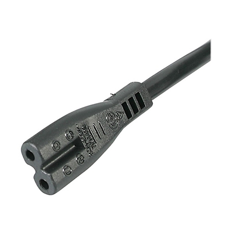 Nahaufnahme eines schwarzen Netzkabels. Der Stecker hat zwei Löcher und einen Schriftzug.