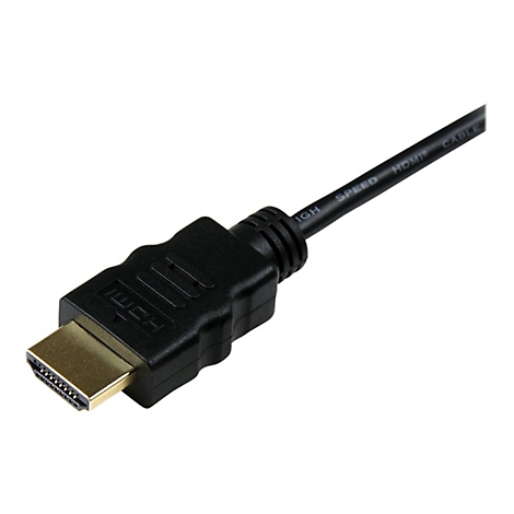 Nahaufnahme eines HDMI-Kabels. Schwarzer Stecker mit goldenem Innenleben. Der Kabelstrang ist ebenfalls schwarz.