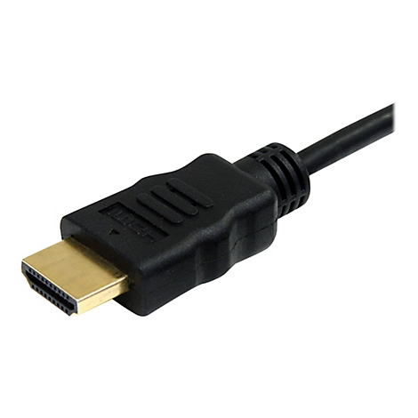 Nahaufnahme eines schwarzen HDMI-Kabels mit goldenem Stecker. Der Stecker ist im Bildfokus.