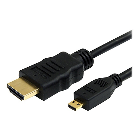 Ein schwarzes HDMI-Kabel mit vergoldeten Anschlüssen. Der größere Stecker hat drei parallele Striche.