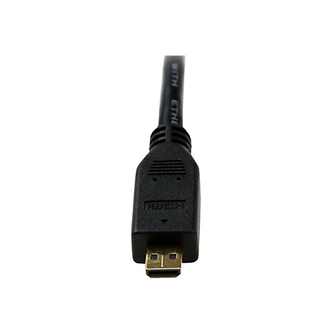 Nahaufnahme eines schwarzen HDMI-Kabels mit goldenem Stecker. Auf dem Kabel steht in Weiß "WITH ETHERNET".