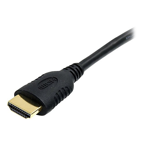 Nahaufnahme eines schwarzen HDMI-Kabels mit goldenem Anschluss.