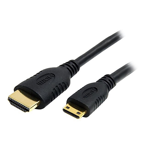 Schwarzes HDMI-Kabel mit goldenen Steckern. Großes und kleines Ende mit HDMI-Logo.