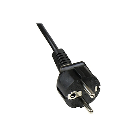 Nahaufnahme eines schwarzen Steckers mit Metallstiften. Das Kabel ist schwarz und hat eine geriffelte Oberfläche.