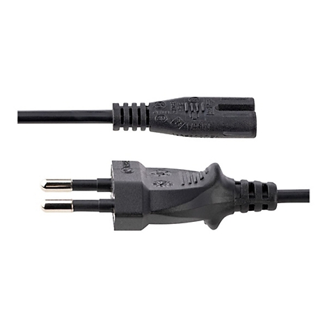 Schwarzes Stromkabel mit zwei Steckern und einem Stecker an weißem Hintergrund.