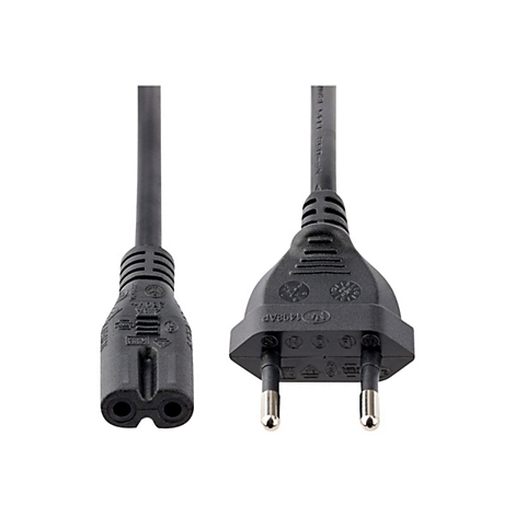 Schwarzes Netzkabel mit Stecker und Buchse. Der Stecker hat zwei runde Pins, die Buchse zwei Löcher.