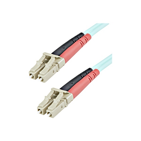 Zwei Lichtwellenleiter-Kabel mit beigen Steckern, schwarzen und roten Kabelenden und hellblauem Kabel.