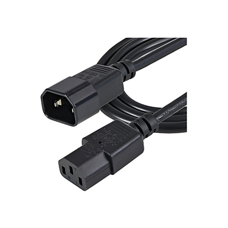 Ein schwarzes Netzkabel mit zwei Steckern, die durch ein Kabel verbunden sind, vor weißem Hintergrund.