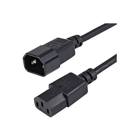 Schwarzes Netzkabel mit zwei Steckern, der Stecker oben hat drei Öffnungen und der untere hat drei Stifte.