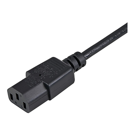 Schwarzer Kaltgeräteanschluss mit drei Polen und abgewinkeltem Kabel.