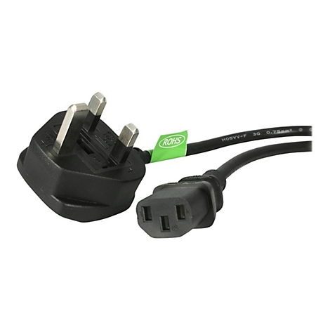 Schwarzes Stromkabel mit britischem Stecker und C13-Buchse. Ein grünes Etikett mit "ROHS" und Schriftzug auf dem Kabel.