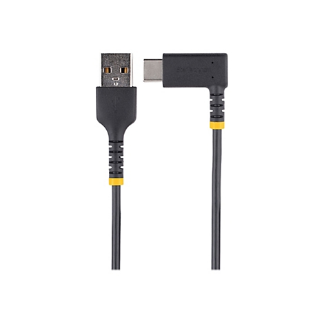 Ein schwarzes USB-Kabel mit USB-A- und USB-C-Stecker. Gelbe Akzente. Auf dem Stecker steht Startech.com.