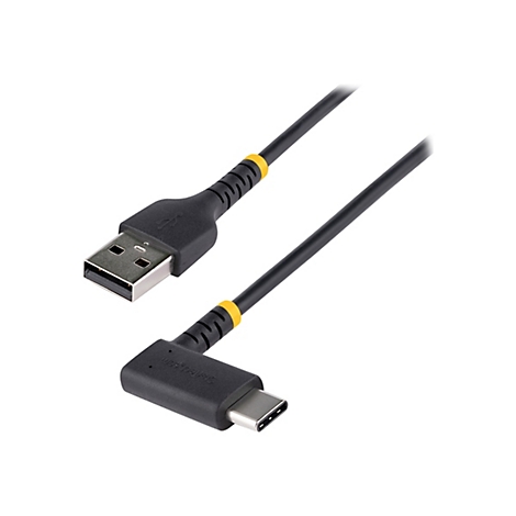 Ein schwarzes USB-Kabel mit USB-A- und USB-C-Steckern, gelben Akzenten und dem StarTech.com-Logo.