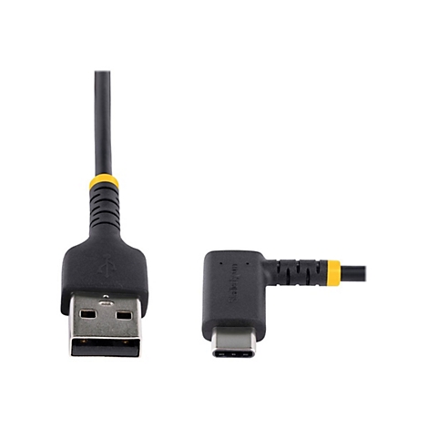 Schwarz-gelbes USB-C-Kabel. USB-A- und USB-C-Anschlüsse. StarTech-Logo.
