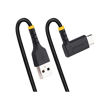 Schwarzes USB-Kabel mit gelben Akzenten und Stecker Typ C. Auf dem Stecker steht StarTech.com.