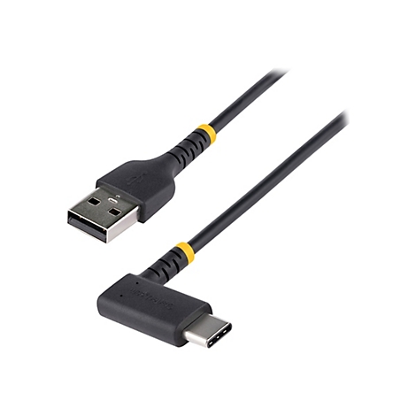 Schwarzes USB-Kabel mit USB-A- und USB-C-Stecker. Der Kabelstrang ist mit gelben Ringen versehen.