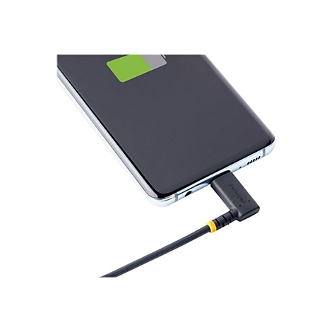Smartphone, der mit einem USB-C-Kabel geladen wird. Auf dem Display wird ein grüner Ladebalken angezeigt. Der Stecker ist in das Gerät eingesteckt.