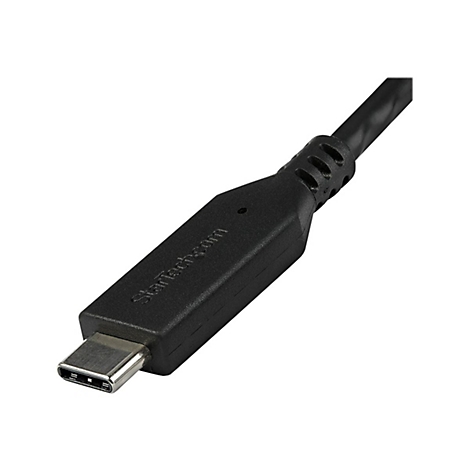 Schwarzes USB-C-Kabel, Startech.com-Logo, detaillierte Nahaufnahme auf weißem Hintergrund.