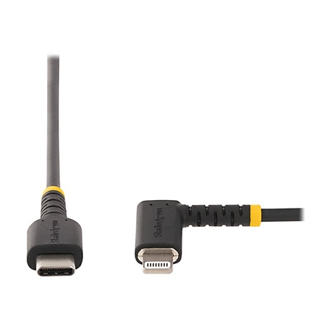 Zwei schwarze Kabel mit gelben Akzenten und unterschiedlichen Anschlüssen auf weißem Hintergrund.