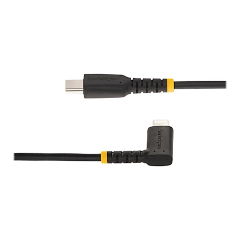 Schwarzes USB-C auf Lightning-Kabel. Auf beiden Enden Logo StarTech.com und gelbe Markierungen.