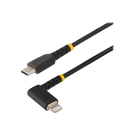 Ein schwarzes Ladekabel mit einem USB-C-Anschluss und einem Lightning-Anschluss, gelbe Akzente.