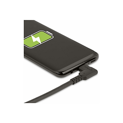 Schwarzes Smartphone mit Ladesymbol. Ein Ladekabel ist mit dem Gerät verbunden.