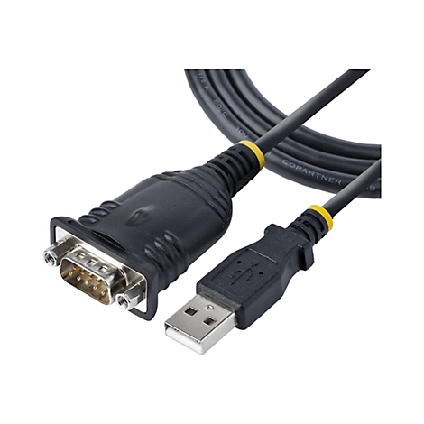 Ein schwarzes USB-auf-Seriell-Kabel, mit D-Sub-Stecker und USB-A-Stecker.