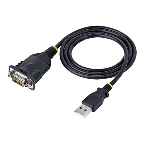 Schwarzes USB-Kabel mit einem seriellen Anschluss und einem USB-A-Stecker, weißer Hintergrund.