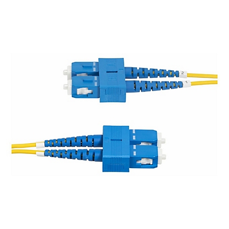 Zwei blaue Glasfaserkabel mit gelben Enden. Auf der Oberseite befinden sich die Markierungen "1" und "2".