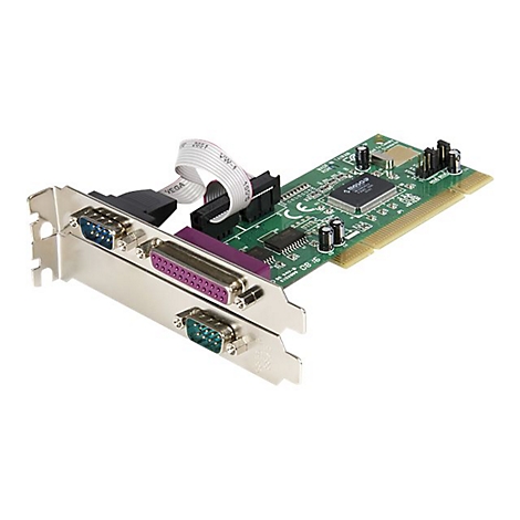 Zwei Computer-Erweiterungskarten liegen auf weißem Hintergrund. Eine Karte hat Stecker für einen Drucker und serielle Geräte.