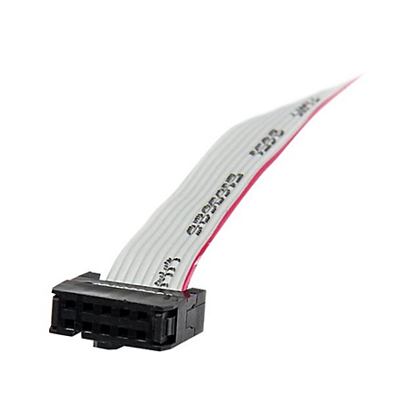 Ein graues Flachbandkabel mit schwarzem Stecker, isoliert auf weißem Hintergrund.