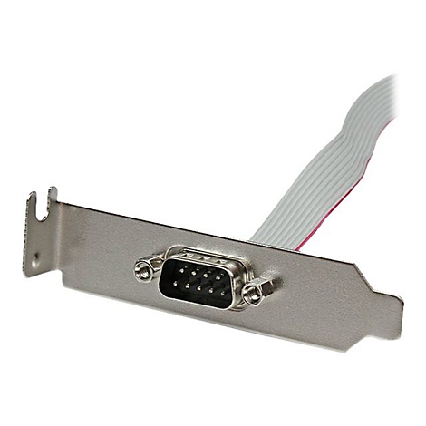 Serielle Schnittstellenkarte mit 9-Pin-Anschluss und grauem Kabel.