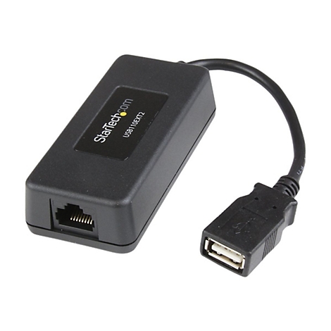 Schwarzer USB-Extender von StarTech.com, mit USB-Anschluss und RJ45-Buchse, verbunden mit einem Kabel.