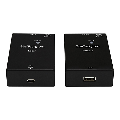 Zwei schwarze Geräte nebeneinander. Links: „Local“, Mini-USB-Anschluss. Rechts: „Remote“, USB-Anschluss. Beide: StarTech.com.